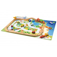Wooden Train Set Play Mat with Village and 14 Wooden Vehicles 